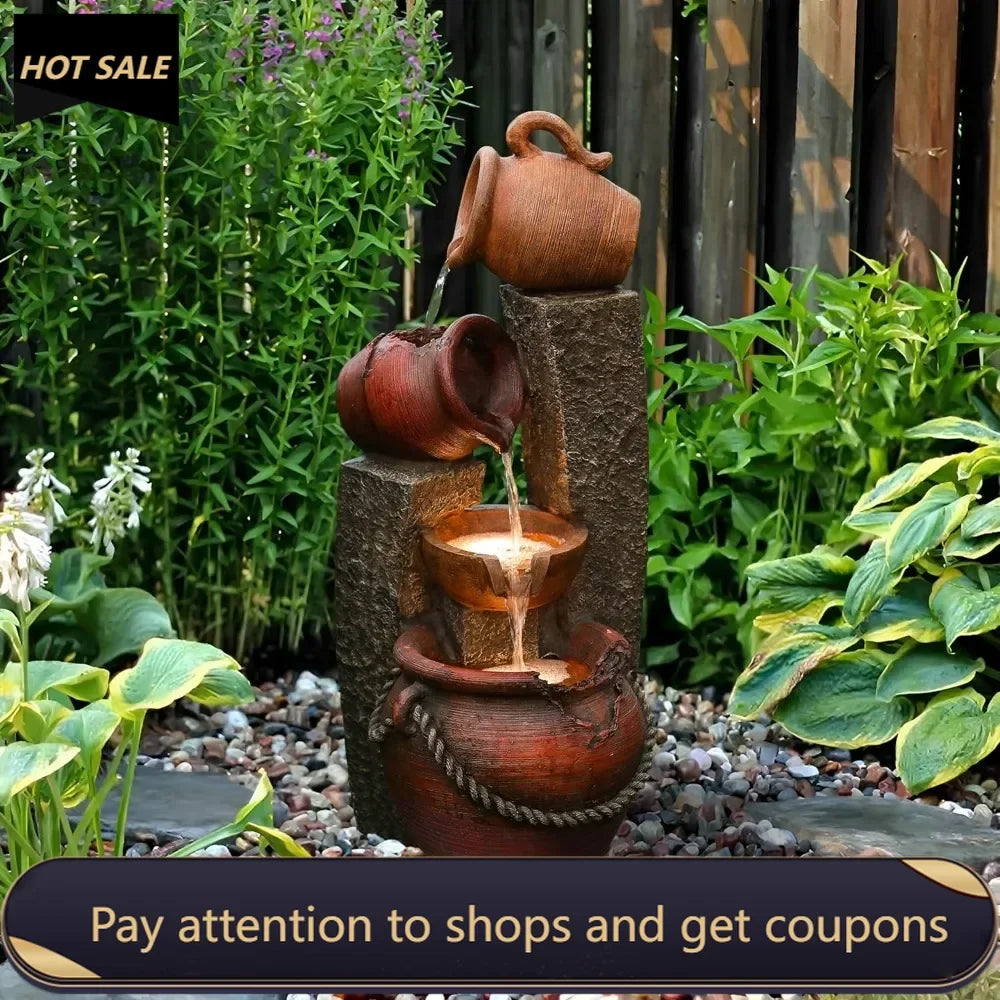 Outdoor Decor: Floor Fountain - Three Cascading Rustic Bowls with LED Lights - 32 in