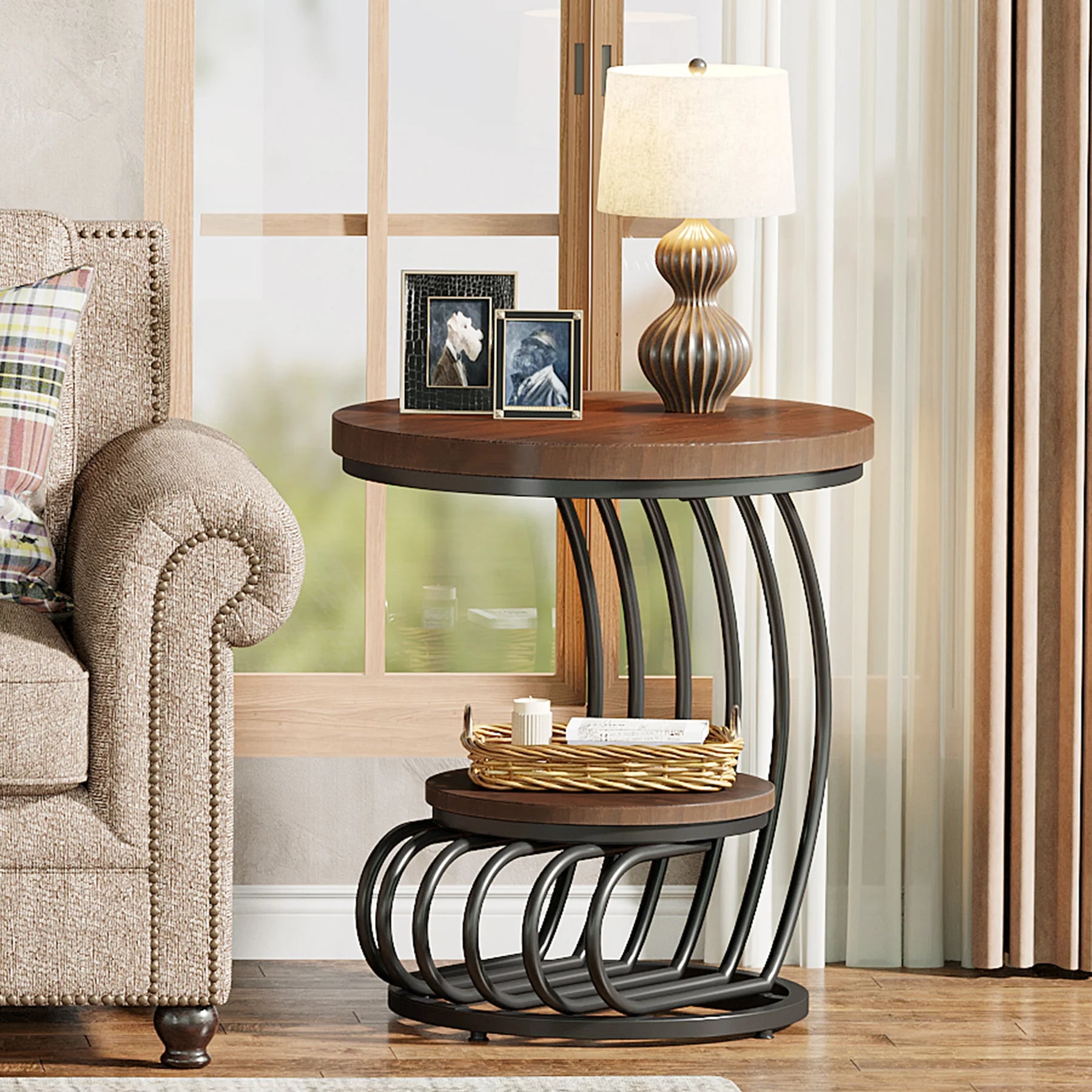 End Table-Tribesigns Gold Round Table, 2 Tiers Faux Marble Side Table, Table with Storage Shelf, Modern White Gold Bedside Table