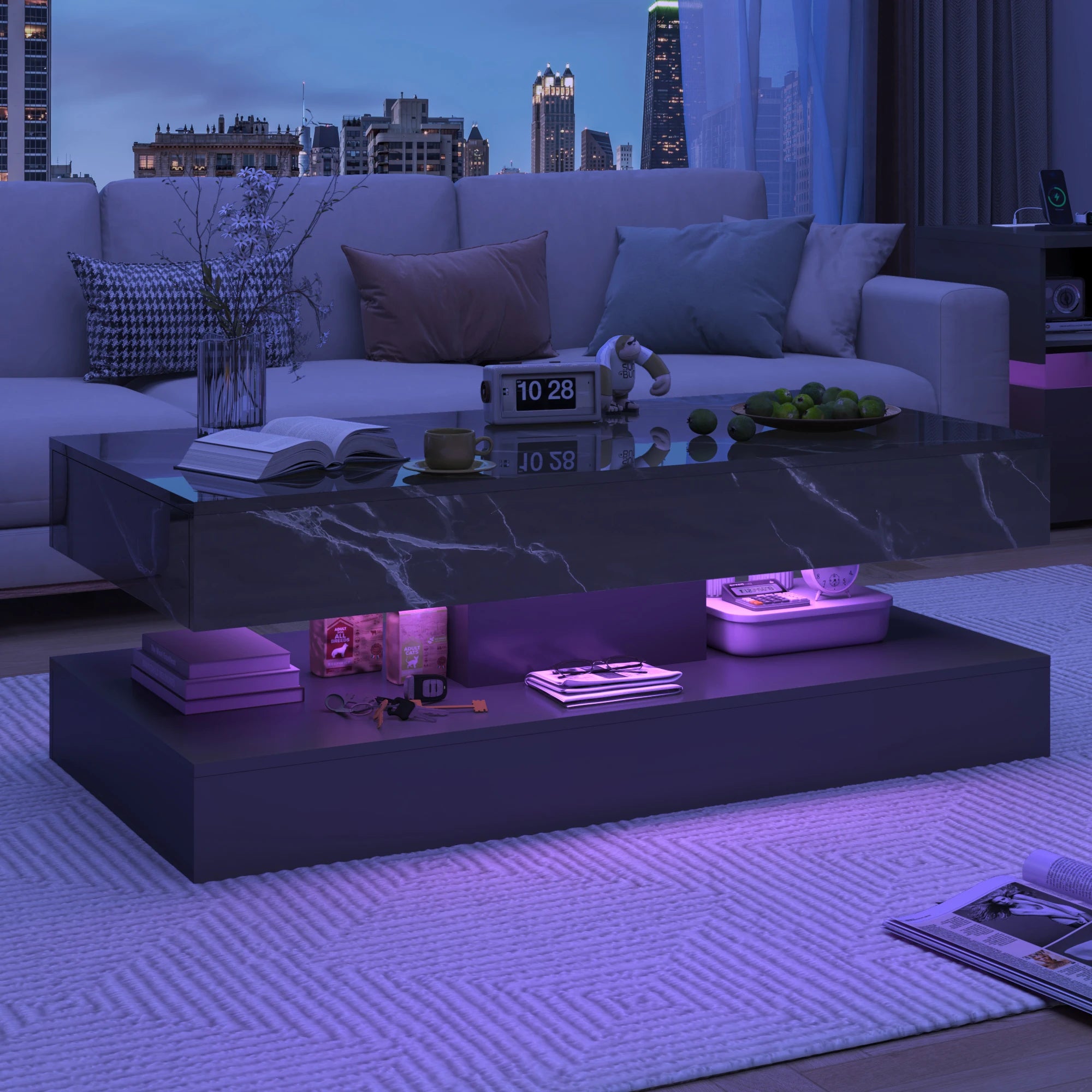 Coffee Table-Modern Stylish Coffee Table with LED lights, Double-Layer Design for Living Room Coffee Table with 2 Storage Drawers