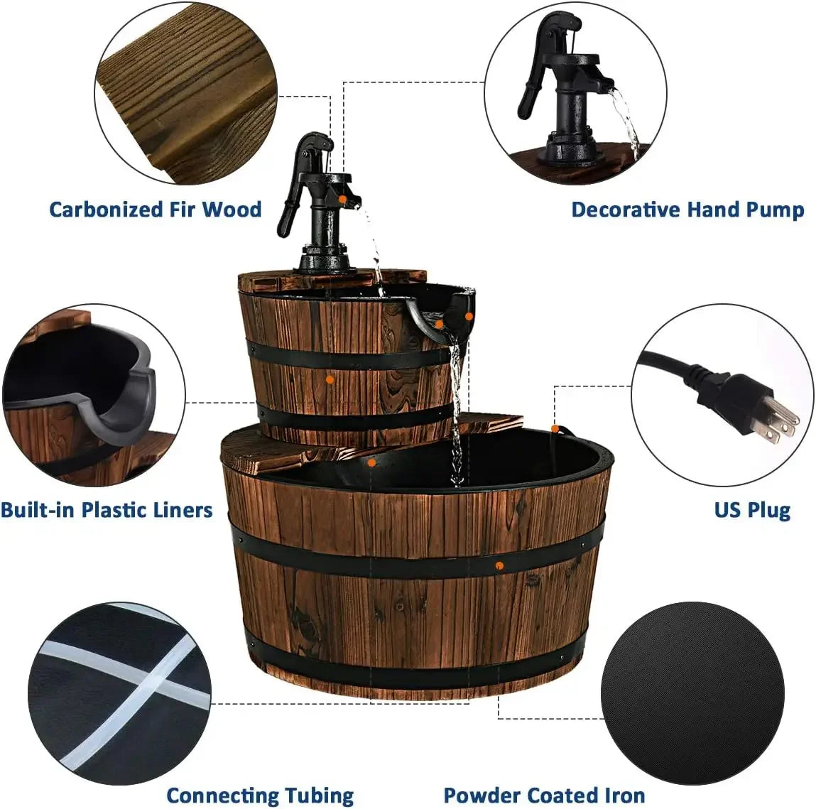 Water Fountain- 2-Tier Barrel Waterfall Fountain, Outdoor, Rustic Wood Barrel, Cascading Water Fountain with Electric Pump, Outdoor Water Feature