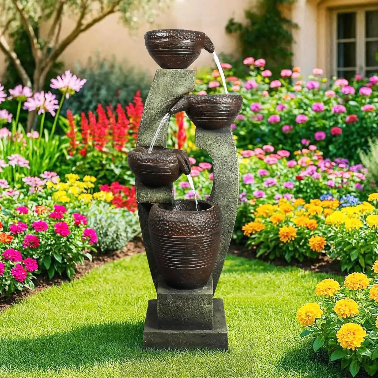 Water Fountain-LED Lights, 4-Tier Crocks, 40 in Tall, Outdoor Waterfall, Large Garden Fountain