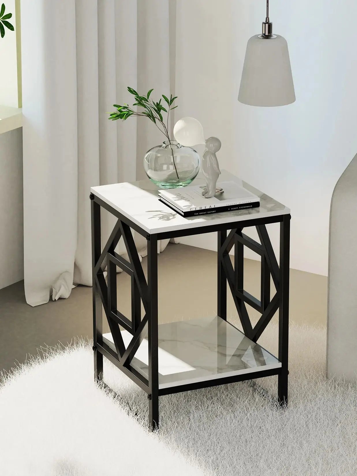 End Table-White Marble Top Side Table, Bedside Nightstand, Black Coated Frame Table