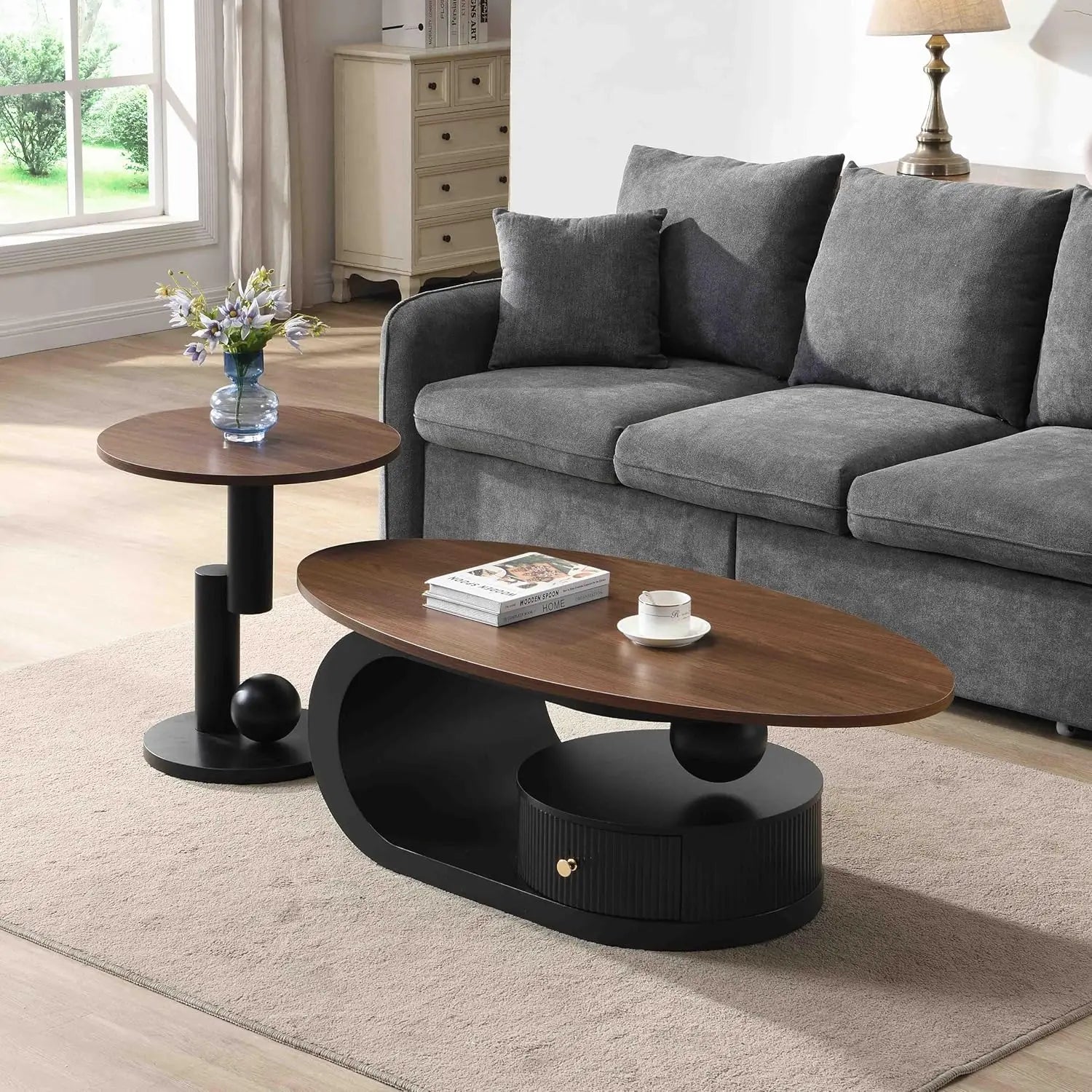 Coffee Table Set-Modern Nesting Oval Coffee Table Set, Faux Marble Top, Gold Metal Base, Living Room, 2pcs, Customized