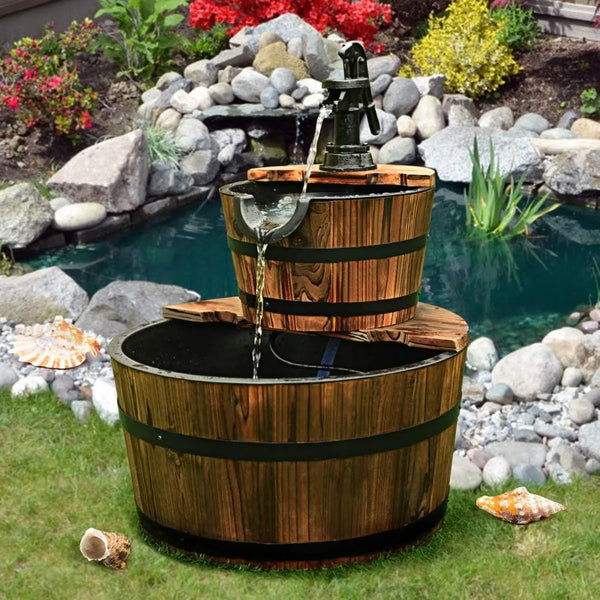 Water Fountain-Barrel Waterfall Outdoor, Rustic, Wood Barrel, Cascading, Electric Pump, Water Feature