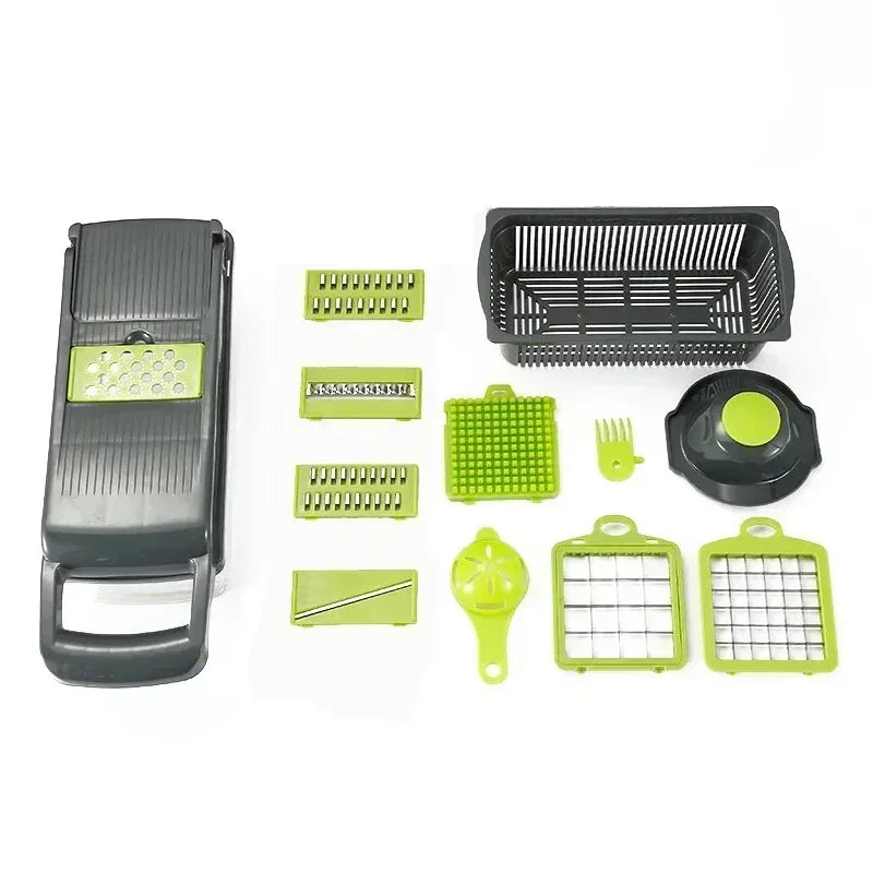 Kitchen-Multifunctional Vegetable Chopper & Slicer 14/16-in-1 with Basket – Shredder & Grinder for Fruits & Veggies