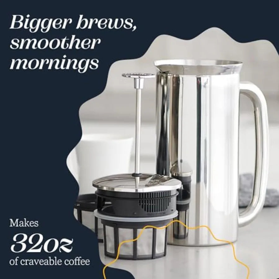 French Press-P7 Polished Stainless Steel, 304 Patented, Double Walled Micro-Filter, Insulated French Press Coffee Maker, Grit-Free