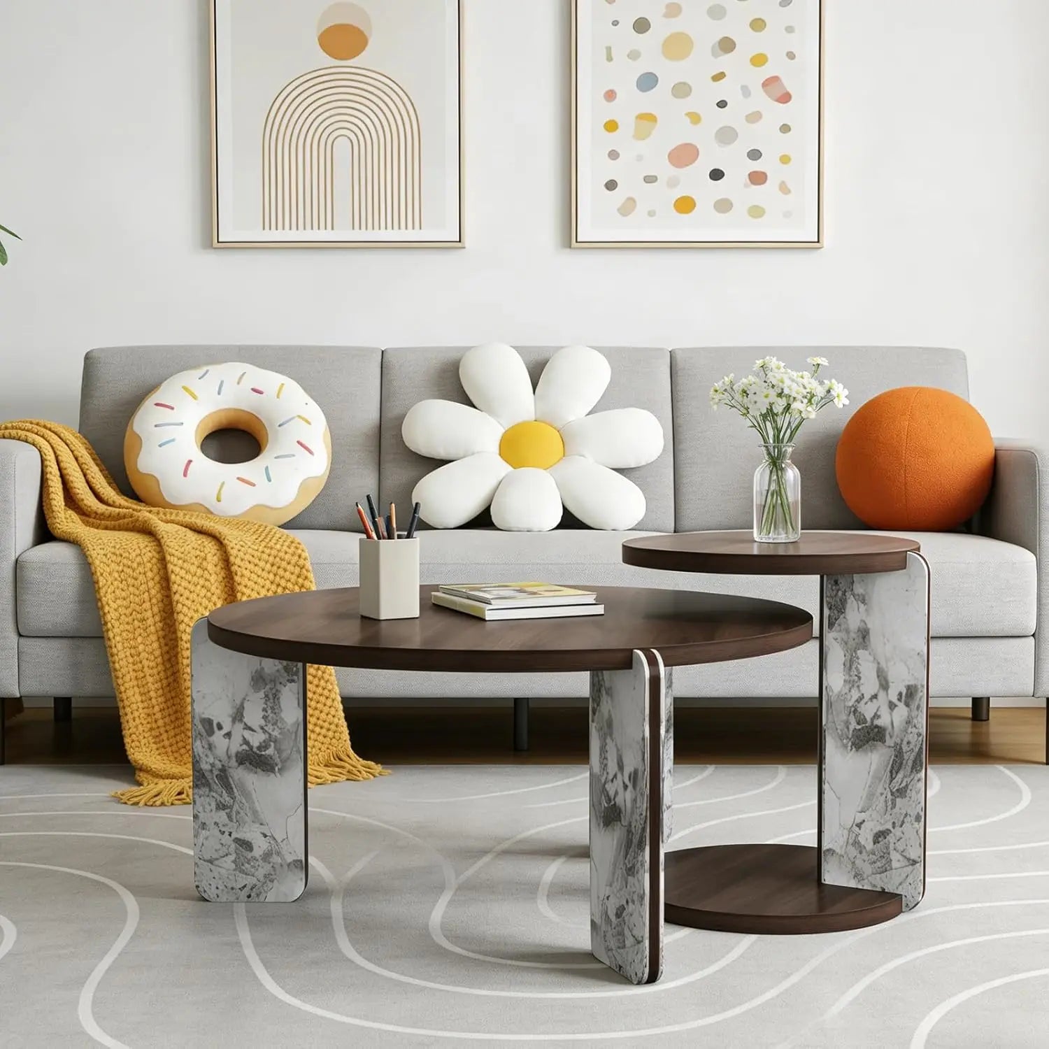 Coffee Table Set-Modern Nesting Oval Coffee Table Set, Faux Marble Top, Gold Metal Base, Living Room, 2pcs, Customized