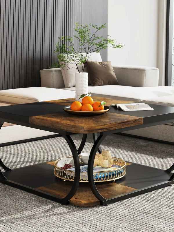 Coffee Table-Tribesigns Square Coffee Table, with 2 Tiers, 40 inches, Low Farmhouse Coffee Table, with Wood Storage Shelf, Heavy Duty Metal Curve
