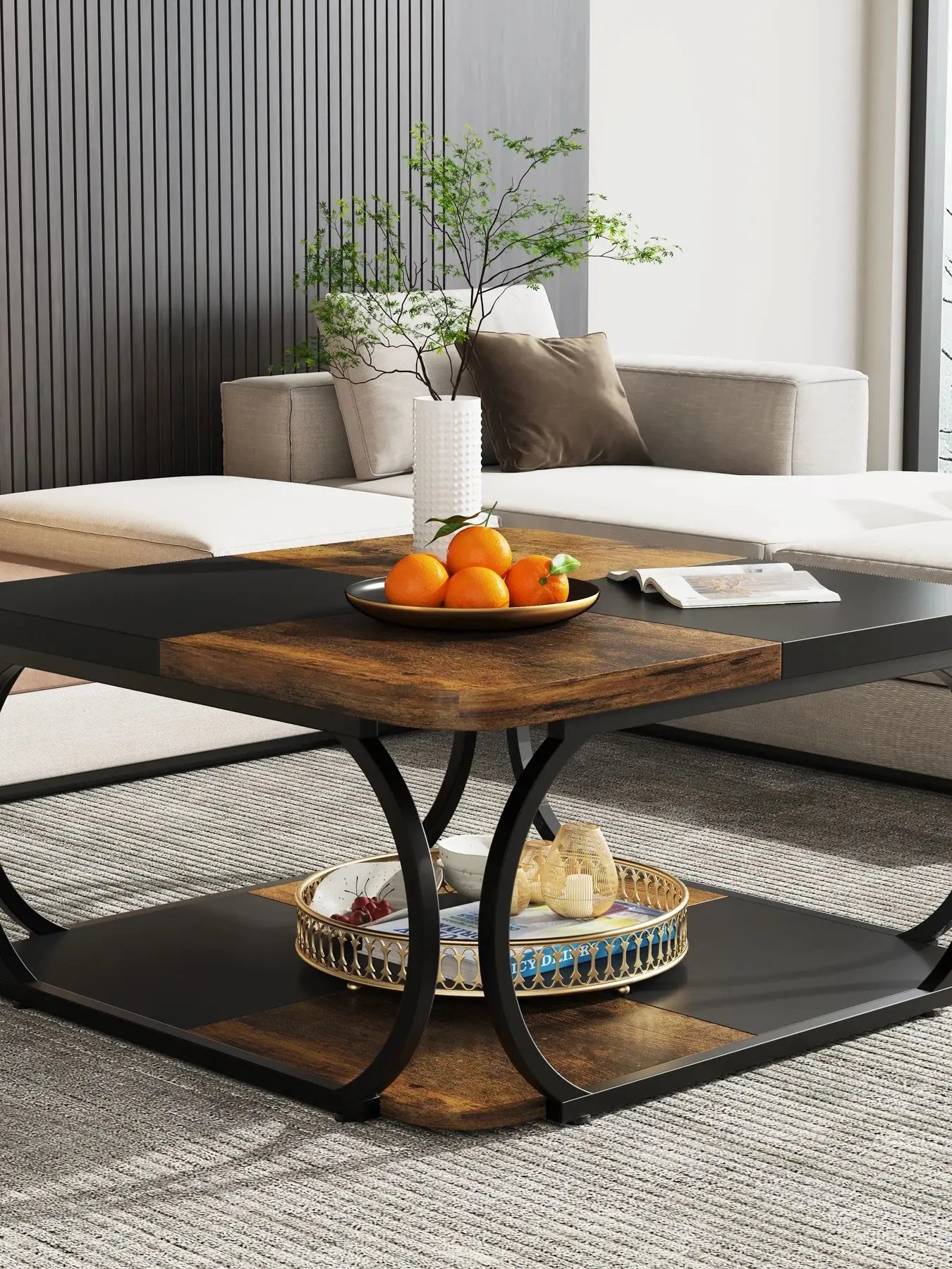 Coffee Table-Tribesigns Square Coffee Table, with 2 Tiers, 40 inches, Low Farmhouse Coffee Table, with Wood Storage Shelf, Heavy Duty Metal Curve