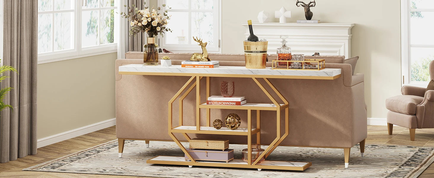 Accent Table-Modern Console Table, Gold, Sofa Table, Behind Couch, 4 Tier Storage, Entryway, Tribesigns