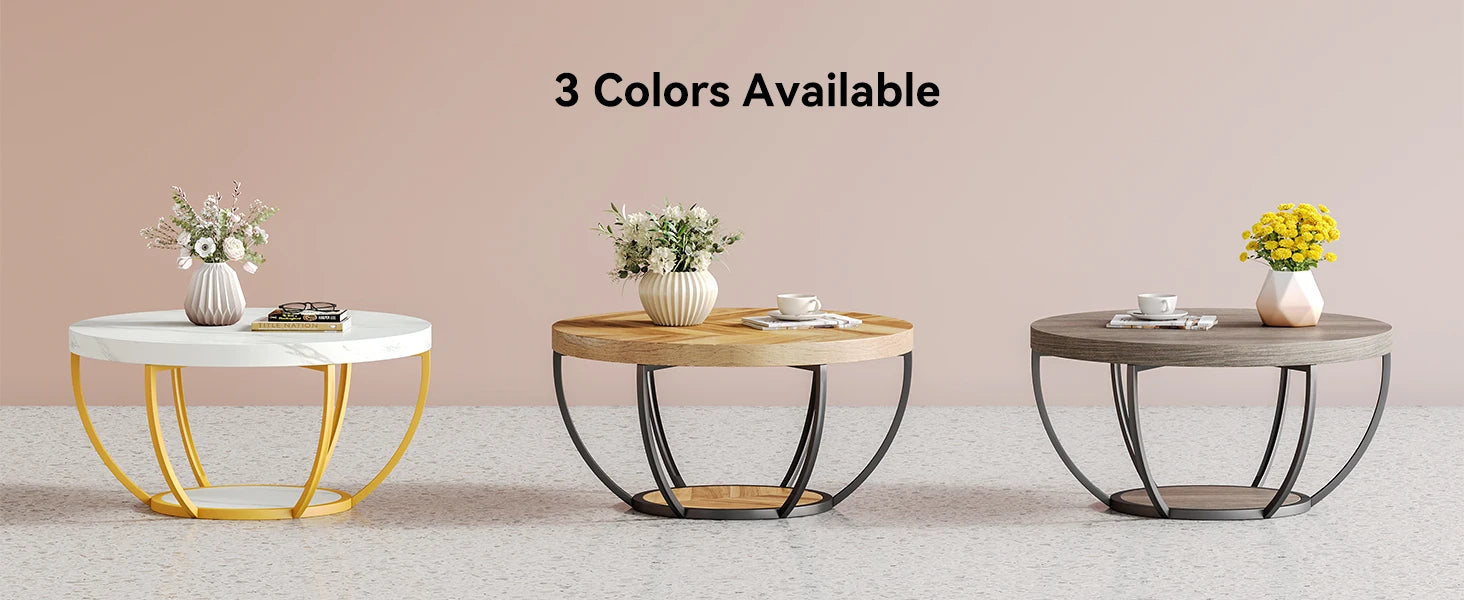 Accent Table - Circle Marble 32 inch – Modern Stylish 2-Tier Center Table with Golden Frame for Living Room