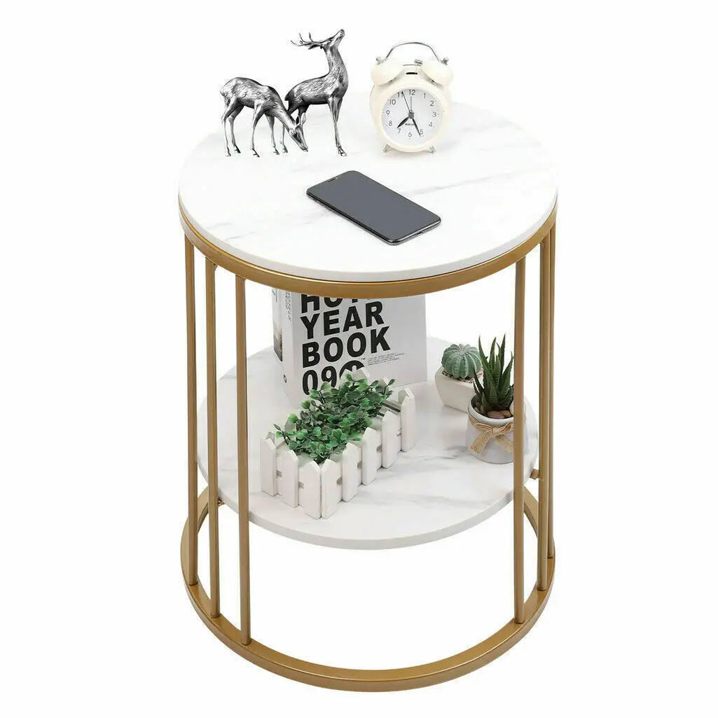 Accent Table- 2-Tier White Marble Side Table, Round Coffee Table, Nightstand, Jewelry Storage