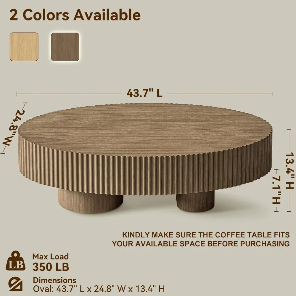 Coffee Table – Oval Fluted - Modern Walnut Finish Olive-Shaped Drum for Living Room