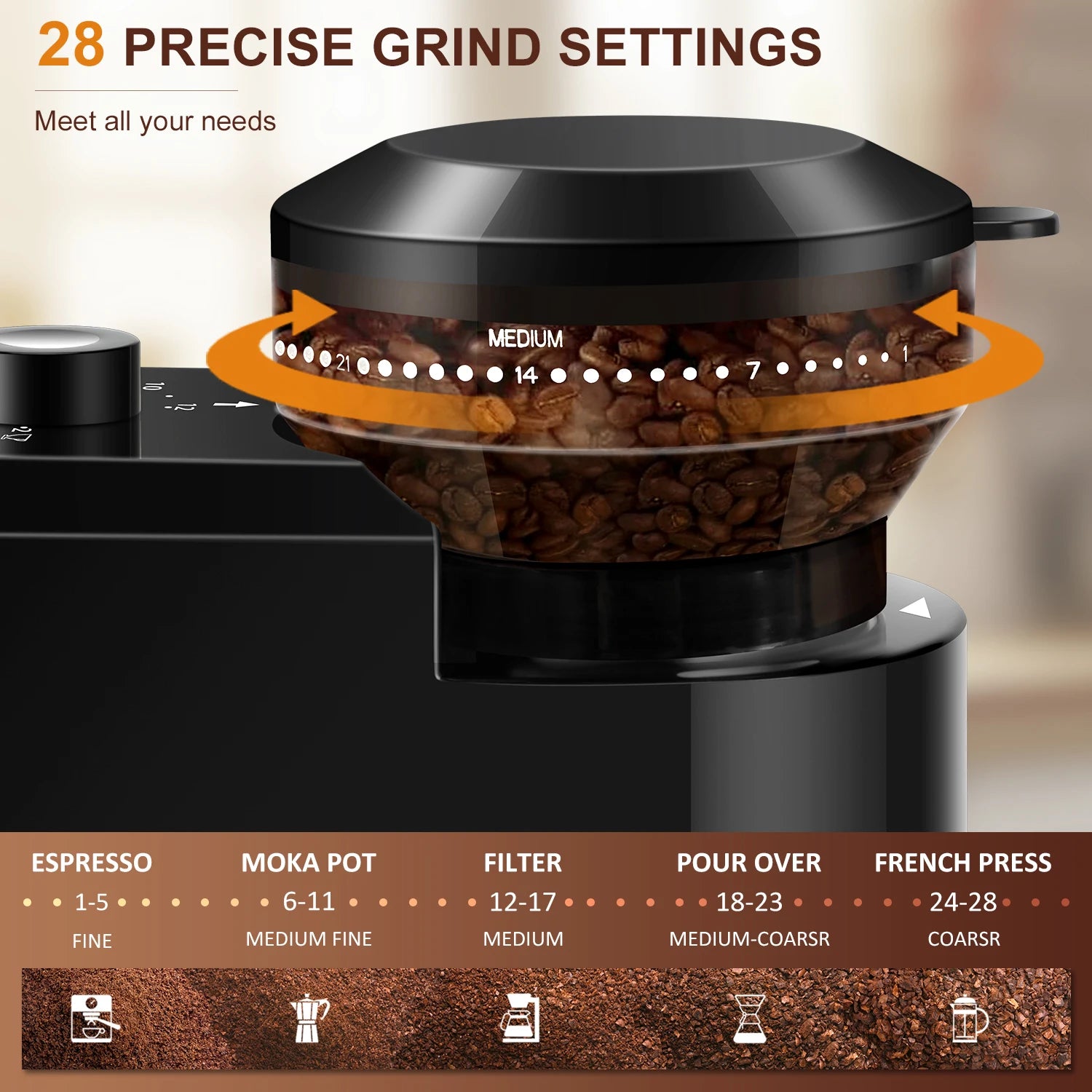Coffee Grinder with Automatic Burr - 28 Grind Settings for Espresso, French Press & Drip Brewing