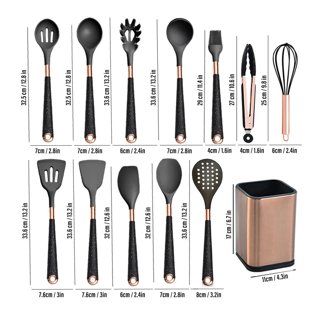 Kitchen- Heat-Resistant Silicone Cooking Set with Gold-Plated Handles – BPA-Free Kitchen Gadgets