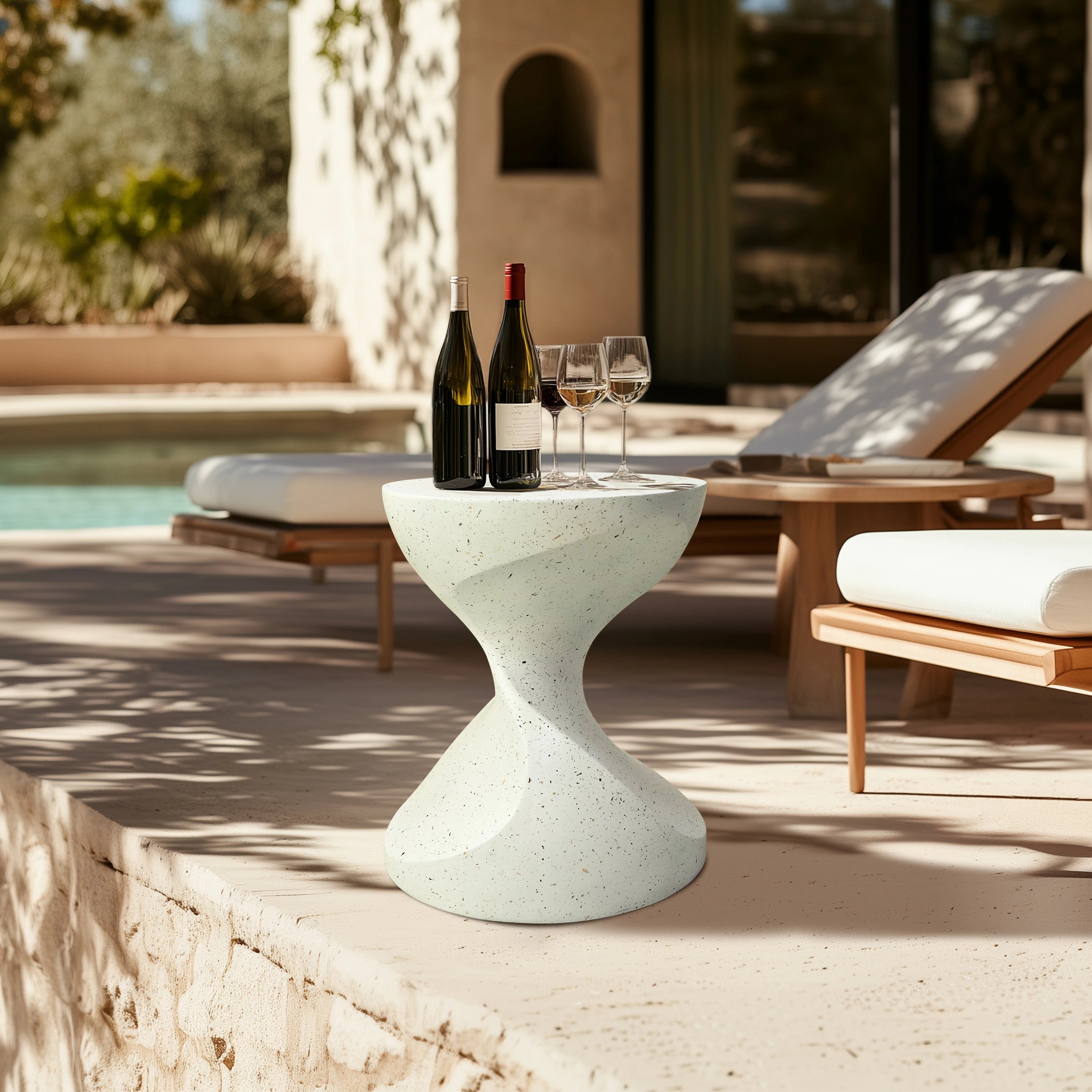 Accent Table-Hourglass Shaped, Lightweight Concrete, Side Table, White Bedside, Accent End Table, Living Room, Balcony