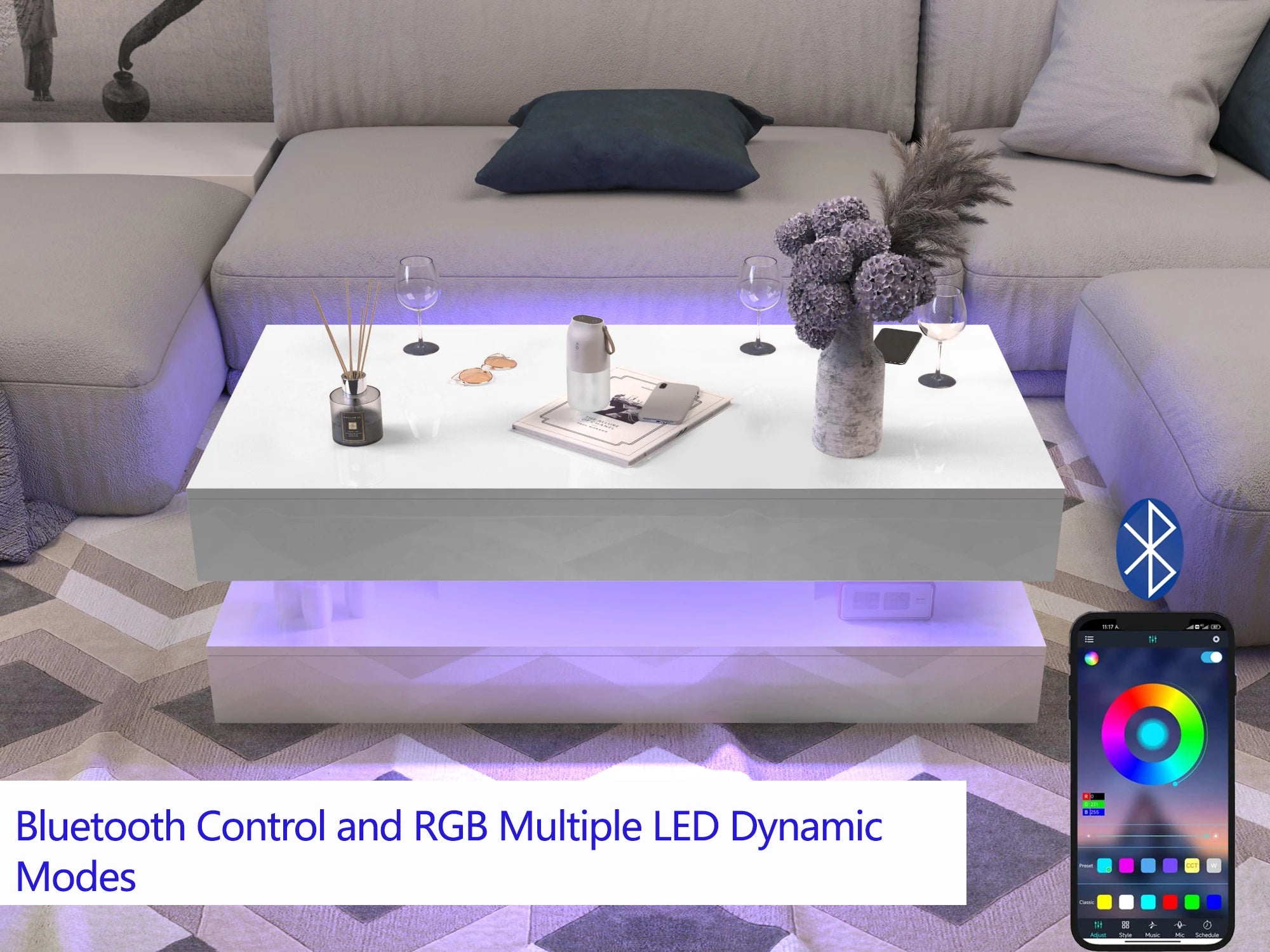 Coffee Table - Modern LED - 47.3 inch – High Gloss Finish with Dual Storage Drawers for Living Room
