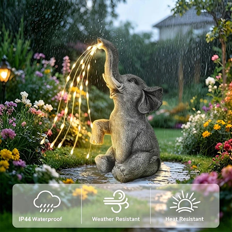 Figurine-Elephant Sculpture, Solar Water Spraying Elephant Sculpture, Outdoor, IP44 Waterproof, LED Lucky Elephant Ornament, Solar Light Sculpture