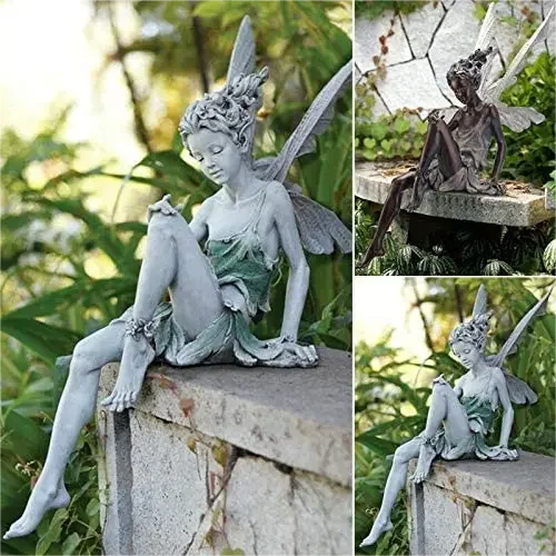 Resin Figurine - Outdoor Fairy Sculpture – Sitting Angel Ornament for Garden, Patio, or Lawn Decoration