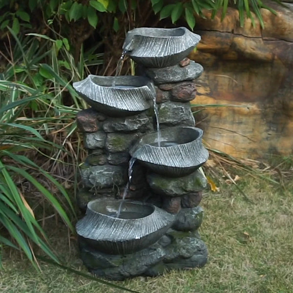 Water Fountain-LED Lights, 4 Tiers, 19 In, Indoor/Outdoor, Polyresin, Rock Bowl, Garden, Cascading Fountain, LED Light