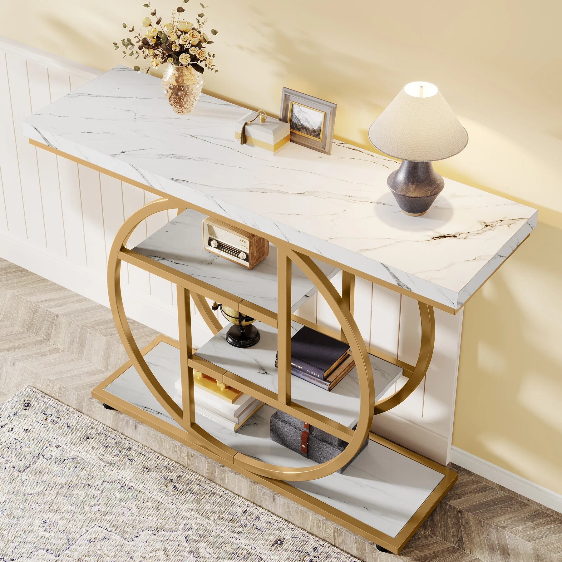 Accent Table-Modern Console Table, Gold, Sofa Table, Behind Couch, 4 Tier Storage, Entryway, Tribesigns