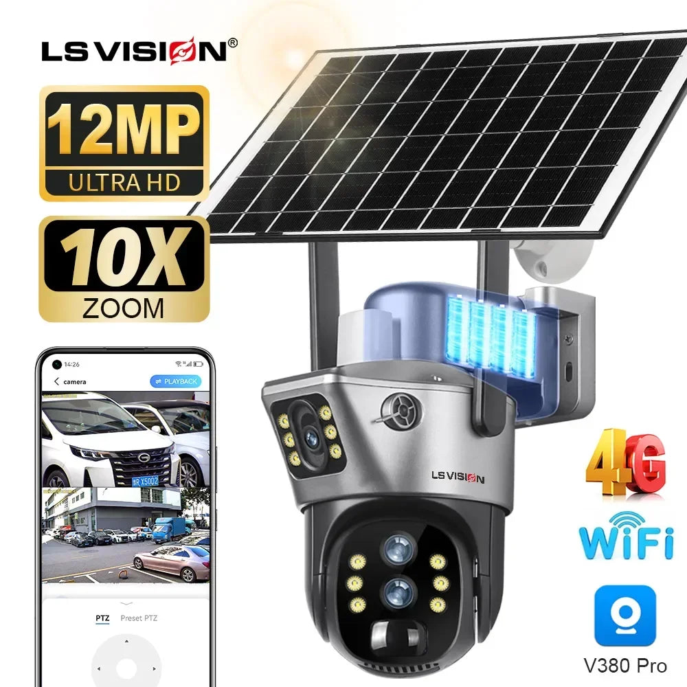 Home Security: Camera: LS VISION 12MP 10X Zoom Dual Screen Solar Camera 6K Ultra HD | Outdoor Surveillance | 4G/WiFi | Three-Lens System | Human Auto Tracking | V380 Pro App