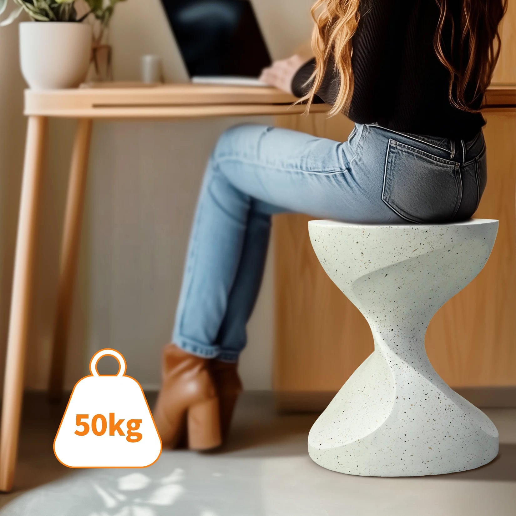 Accent Table-Hourglass Shaped, Lightweight Concrete, Side Table, White Bedside, Accent End Table, Living Room, Balcony