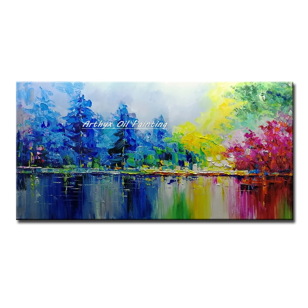 Canvas Art-Hand painted, Palette Knife, Tree, Oil Painting on Canvas, Modern Abstract Landscape Art Poster, Wall Pictures, Home Decor, Arthyx,Large