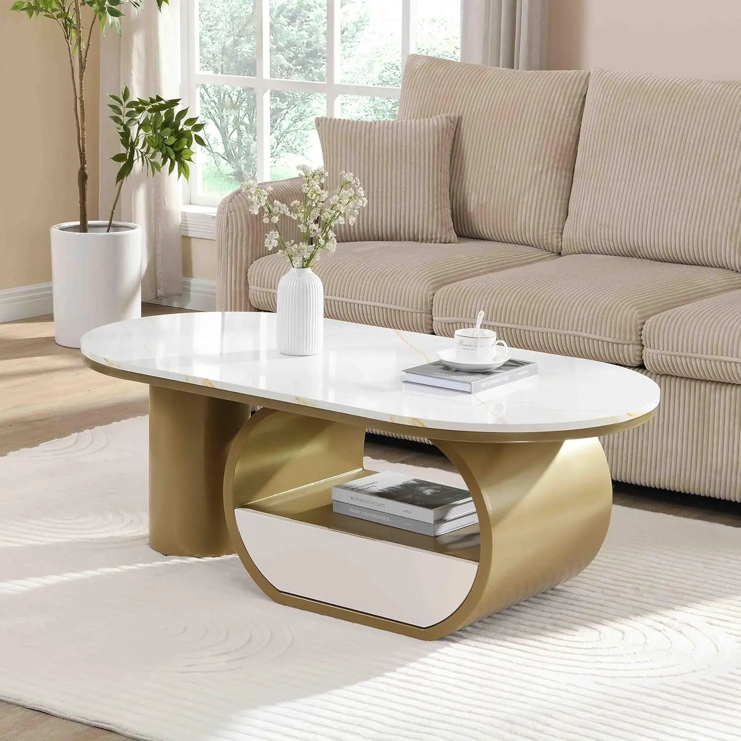 Coffee Table Set-Modern Nesting Oval Coffee Table Set, Faux Marble Top, Gold Metal Base, Living Room, 2pcs, Customized