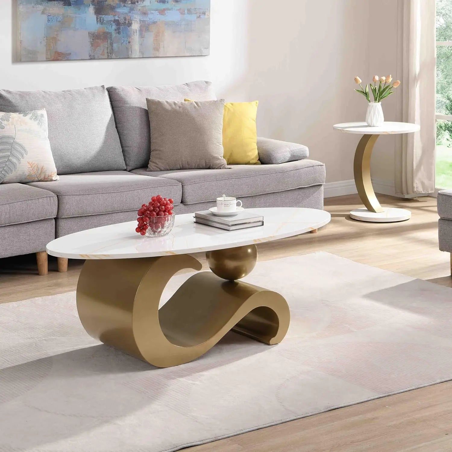 Coffee Table Set-Modern Nesting Oval Coffee Table Set, Faux Marble Top, Gold Metal Base, Living Room, 2pcs, Customized