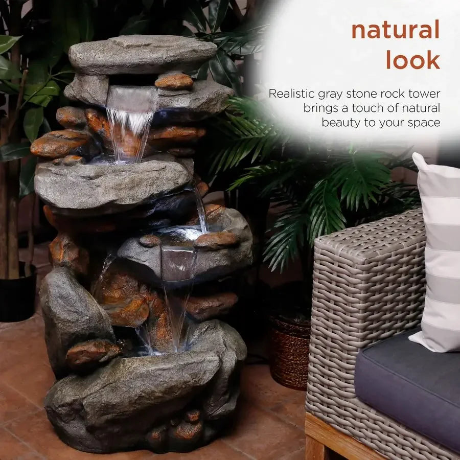 Water Fountain-LEDs Lights-White, Rock Floor, 4 Tier Cascading, Tranquil Outdoor Water Feature, Garden, Patio, Yard
