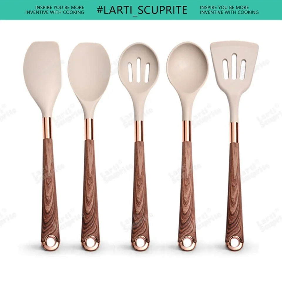 Kitchen- Heat-Resistant Silicone Cooking Set with Gold-Plated Handles – BPA-Free Kitchen Gadgets