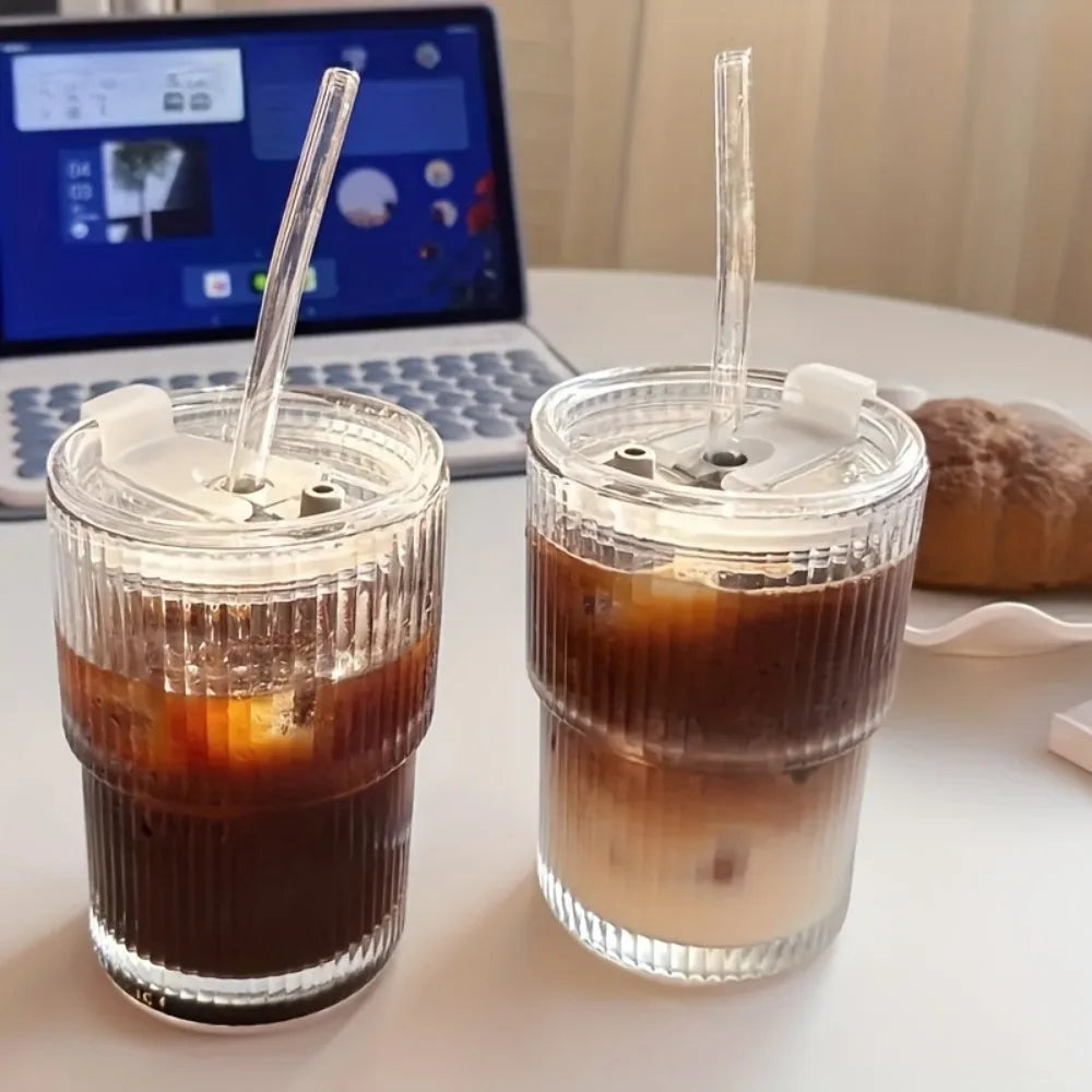 Home Kitchen: Drinkware: Stripe Glass Cup with Lid and Straw Vertical Stripes Design | Iced Coffee Cups | Drinking Glasses for Juice, Milk, Tea