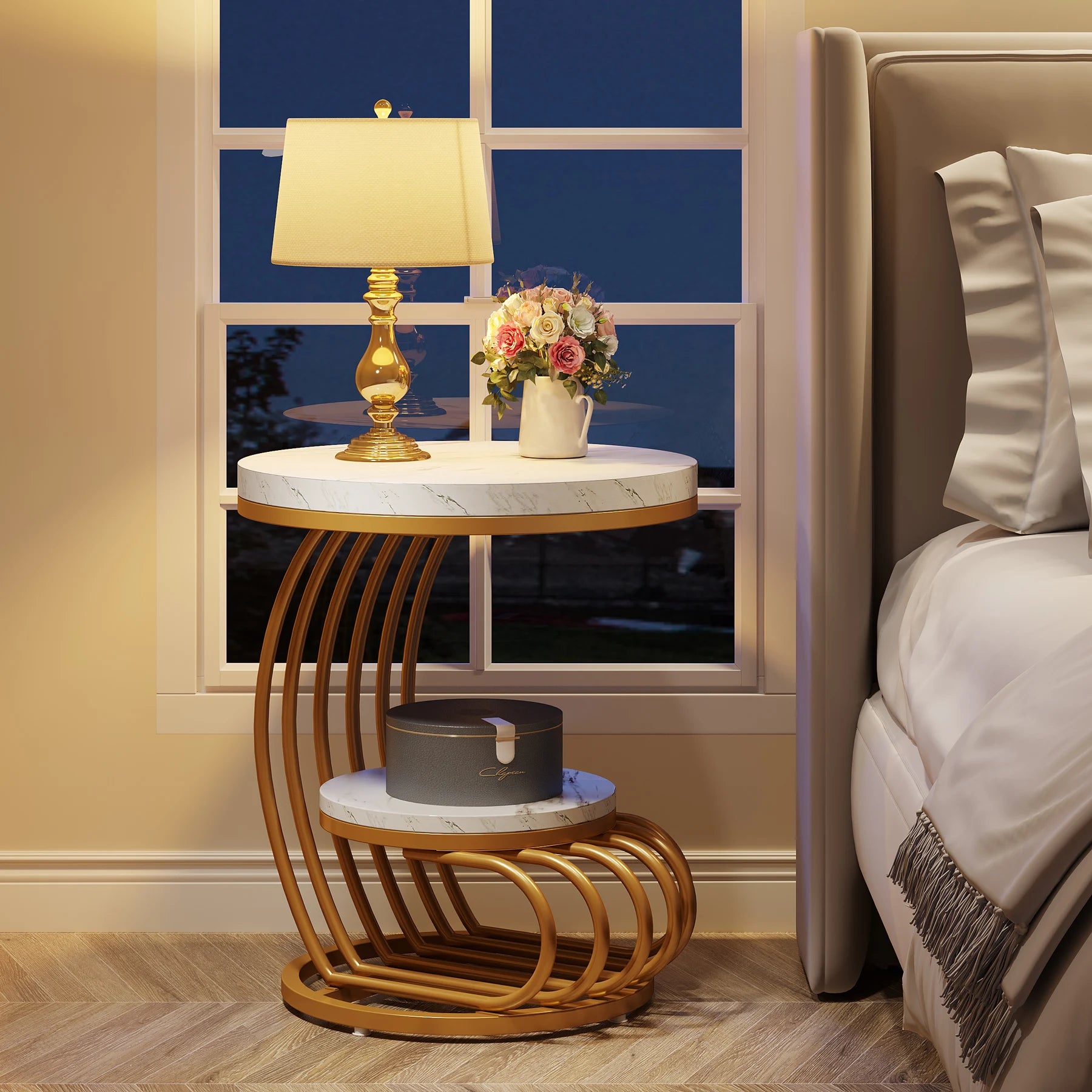 Accent Table-Gold Round Table, 2 Tiers Faux Marble Side Table, Table with Storage Shelf, Modern White Gold Bedside Table, Tribesigns