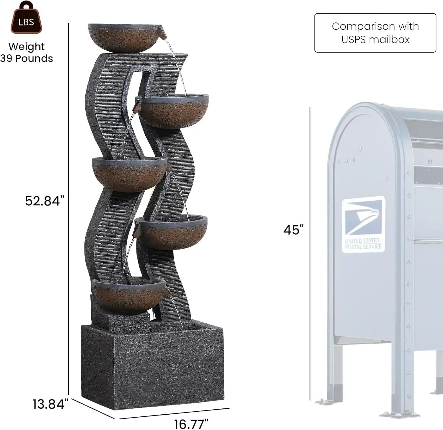 Water Fountain-LEDs Lights, 6-Tier Cascading, Resin, 52.8 in High, Waterfall, Porch, Garden, Yard, Deck, Patio