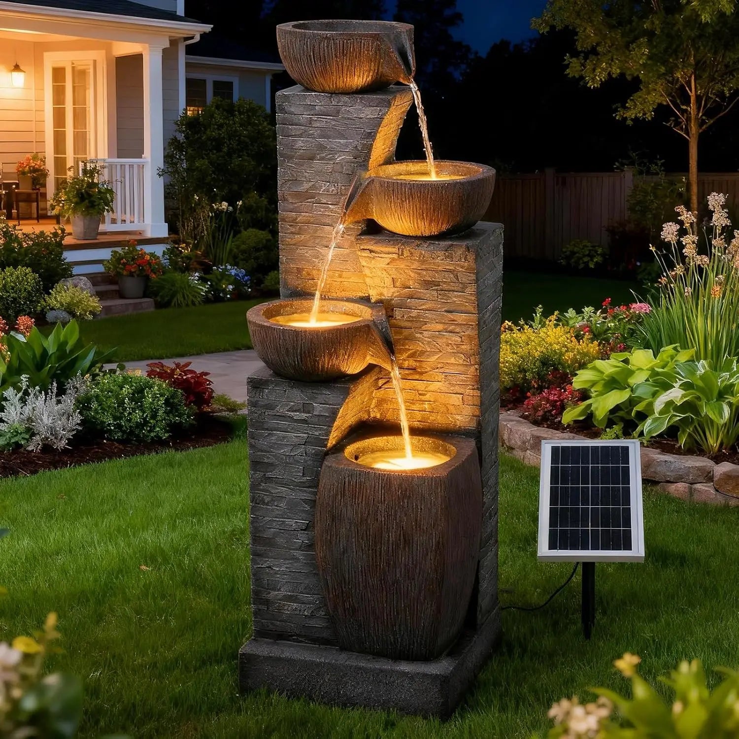 Water Fountain-5 Tiers, Solar, Outdoor, 33.5" H Shape K Waterfall Fountain with LED Lights for Patio, Balconies, Lawns