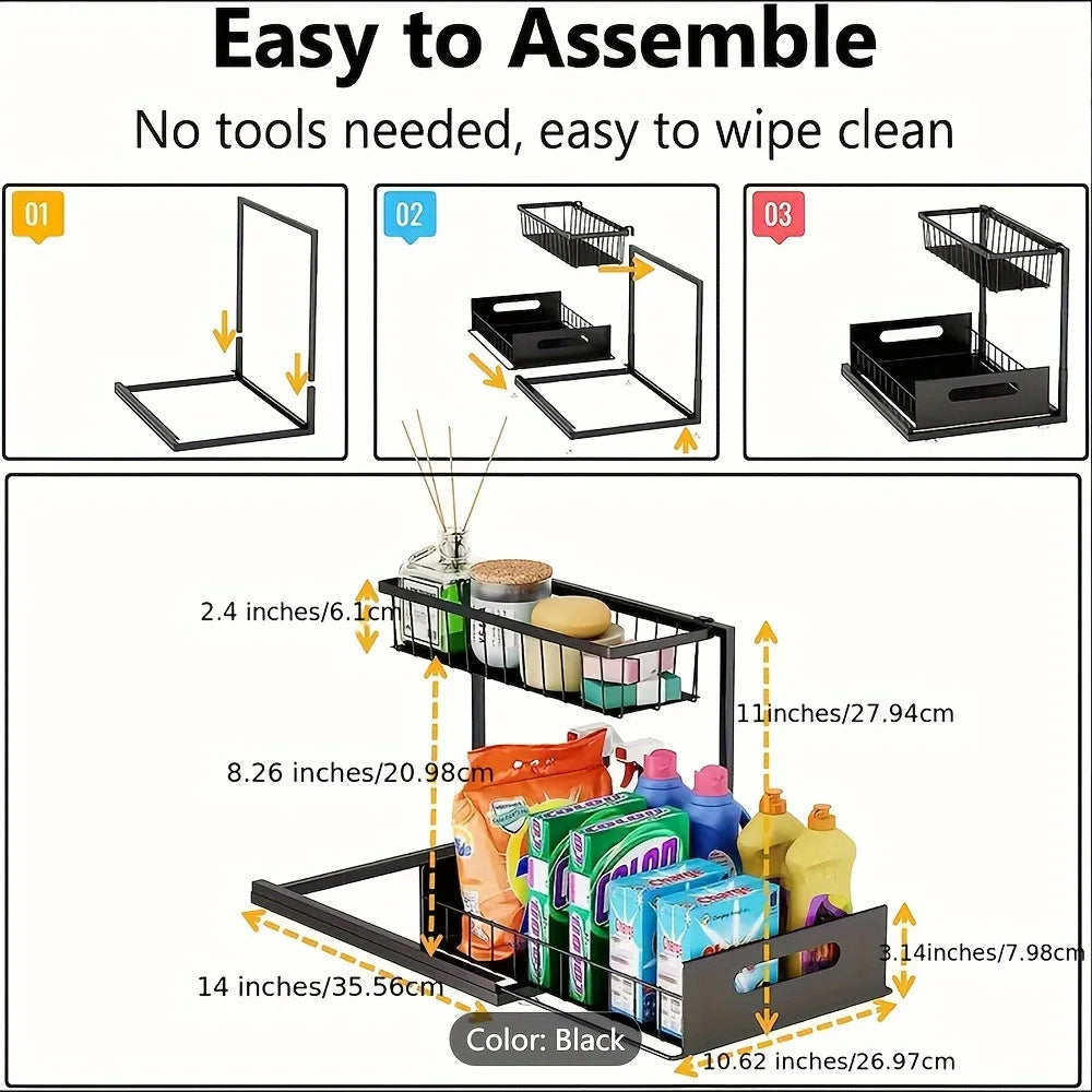 Kitchen-Sliding Pull-out Cabinet Rack, 1/2pcs Metal Cabinet Sorting Rack, Lower Sink Kitchen Storage