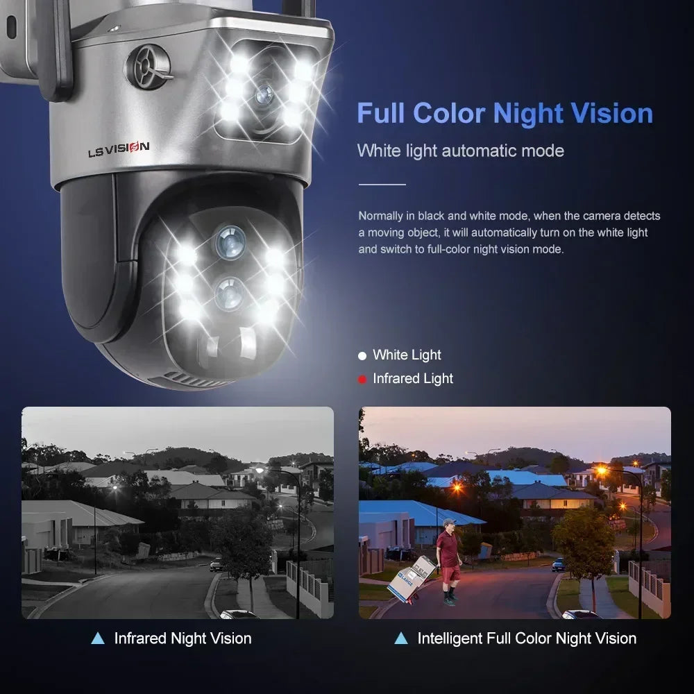 Home Security: Camera: LS VISION 12MP 10X Zoom Dual Screen Solar Camera 6K Ultra HD | Outdoor Surveillance | 4G/WiFi | Three-Lens System | Human Auto Tracking | V380 Pro App