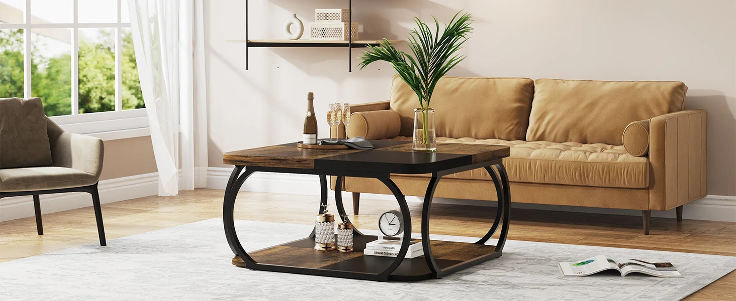 Coffee Table-Tribesigns Square Coffee Table, with 2 Tiers, 40 inches, Low Farmhouse Coffee Table, with Wood Storage Shelf, Heavy Duty Metal Curve