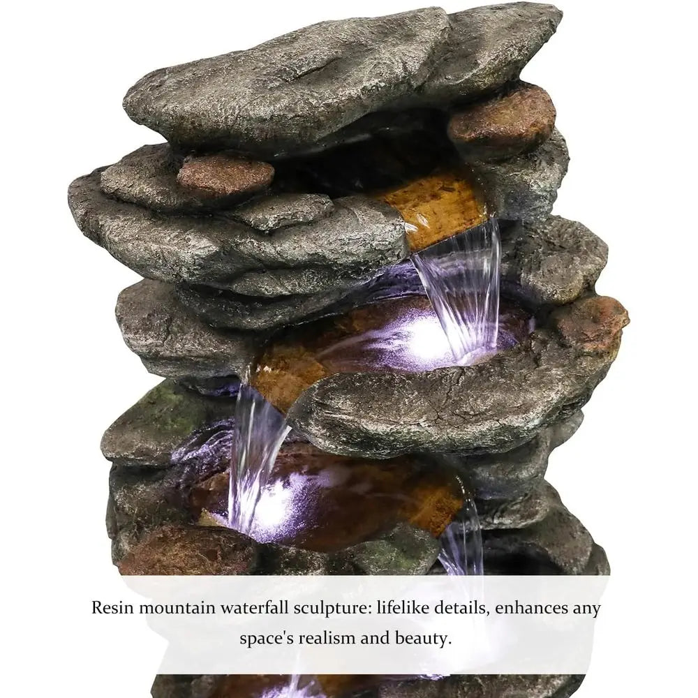 Water Fountain- 6-Tier Rock Outdoor Water Fountain with LED Lights - Large Cascading Waterfalls for Patio, Garden, and Yard Decor