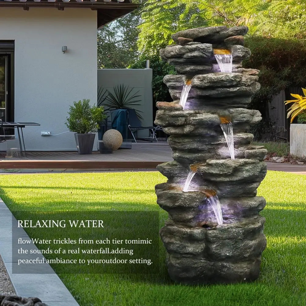 Water Fountain- 6-Tier Rock Outdoor Water Fountain with LED Lights - Large Cascading Waterfalls for Patio, Garden, and Yard Decor