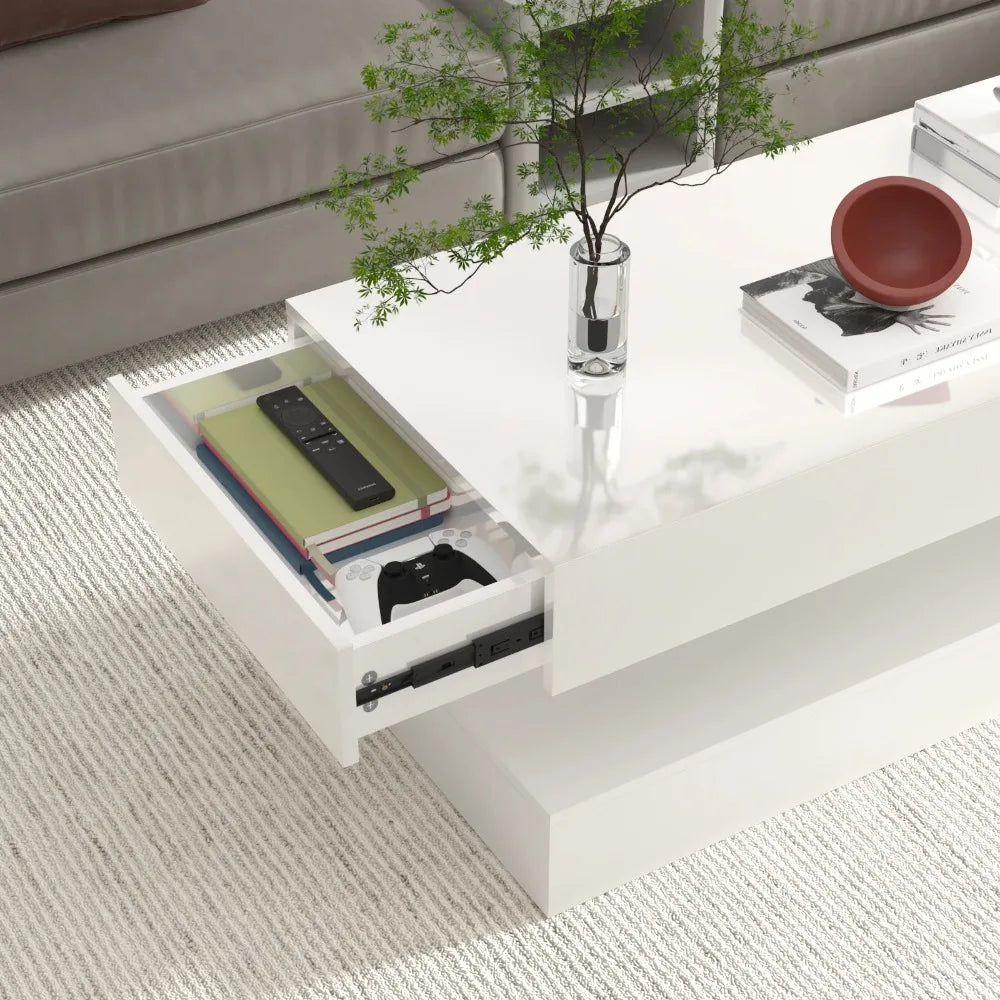 Coffee Table-47.2 High Glossy LED Coffee Table, Modern Center Table with 2 Storage Drawers for Living Room