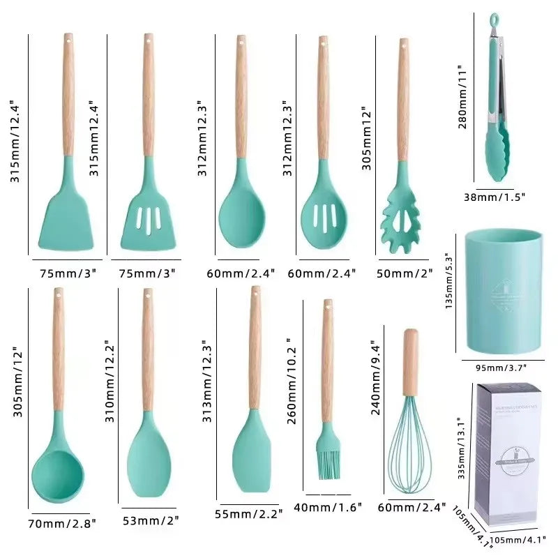 Home Kitchen: Utensil: Silicone with Wooden Handle - 12 Pcs Set - Non-stick Kitchenware