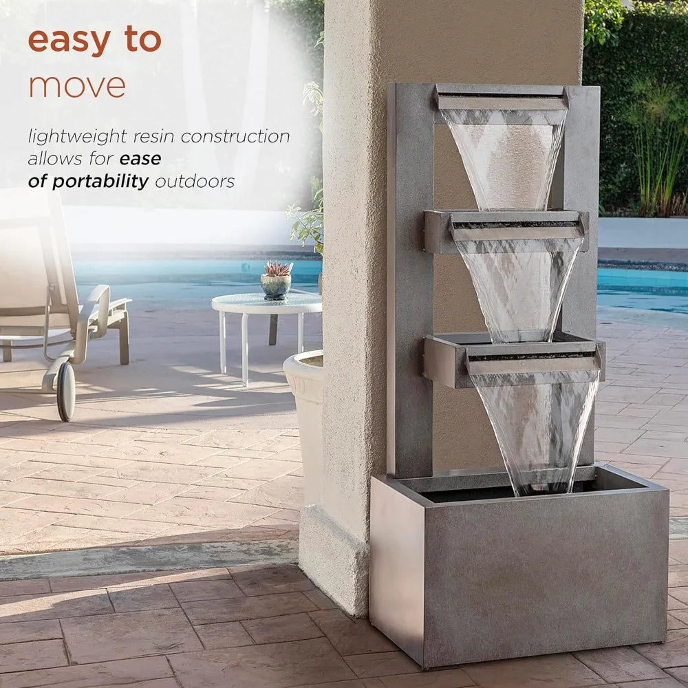 Water Fountain - CPS182, Outdoor, Metal Multitiered Waterfall, Floor Fountain, Industrial Style, Water Feature, Garden, Patio, Yard, Backyard