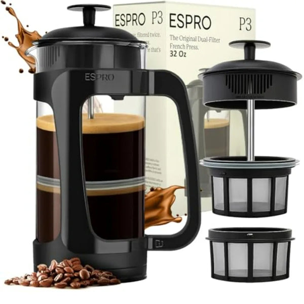 Coffee Maker-French Press, Patented Double Micro-Filte, Grit-Free Brew, Heat Resistant, Borosilicate Glass Coffee