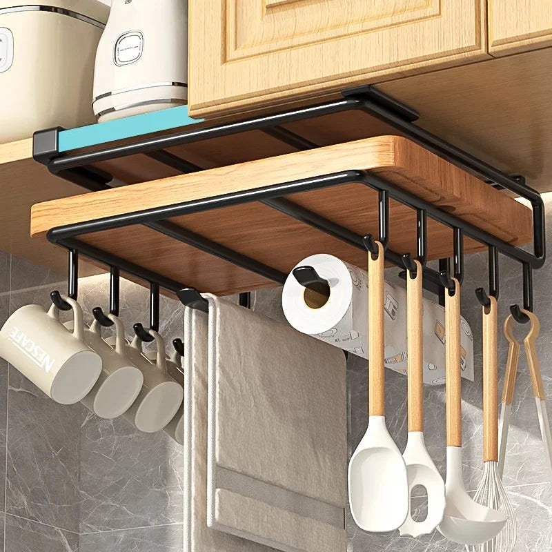 Home Kitchen: Organizer Rack: Hanging with Hooks Under Cupboard Paper Towel Rags Hanger Cutting Board Pot Cover Holder Storage Shelf