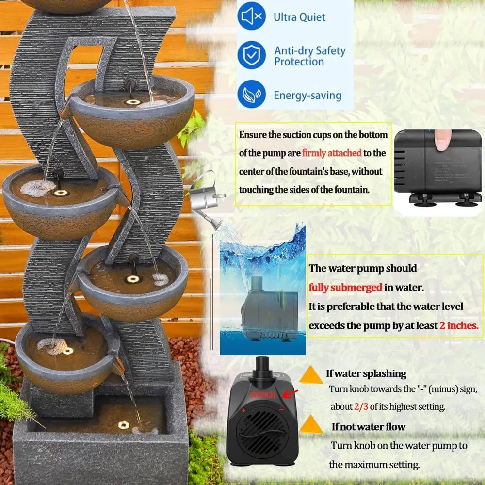 Water Fountain - 6-Tier Resin Garden Fountain – 52.8" - Wave Bowl Design for Courtyard, Patio, or Home Landscape