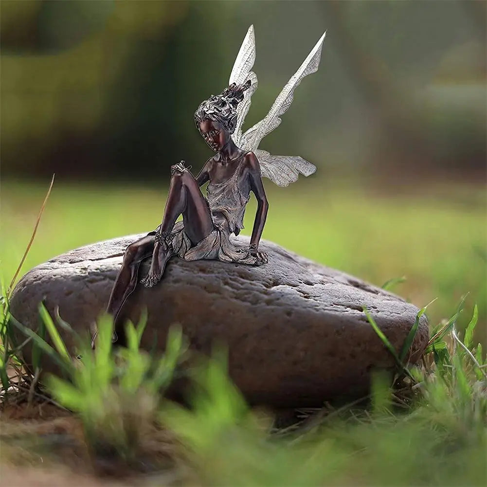 Figurines-Flower Fairy Resin Statue Decoration Outdoor Garden Angel Girl Sitting Figurines Sculpture Landscaping Yard Art Ornament