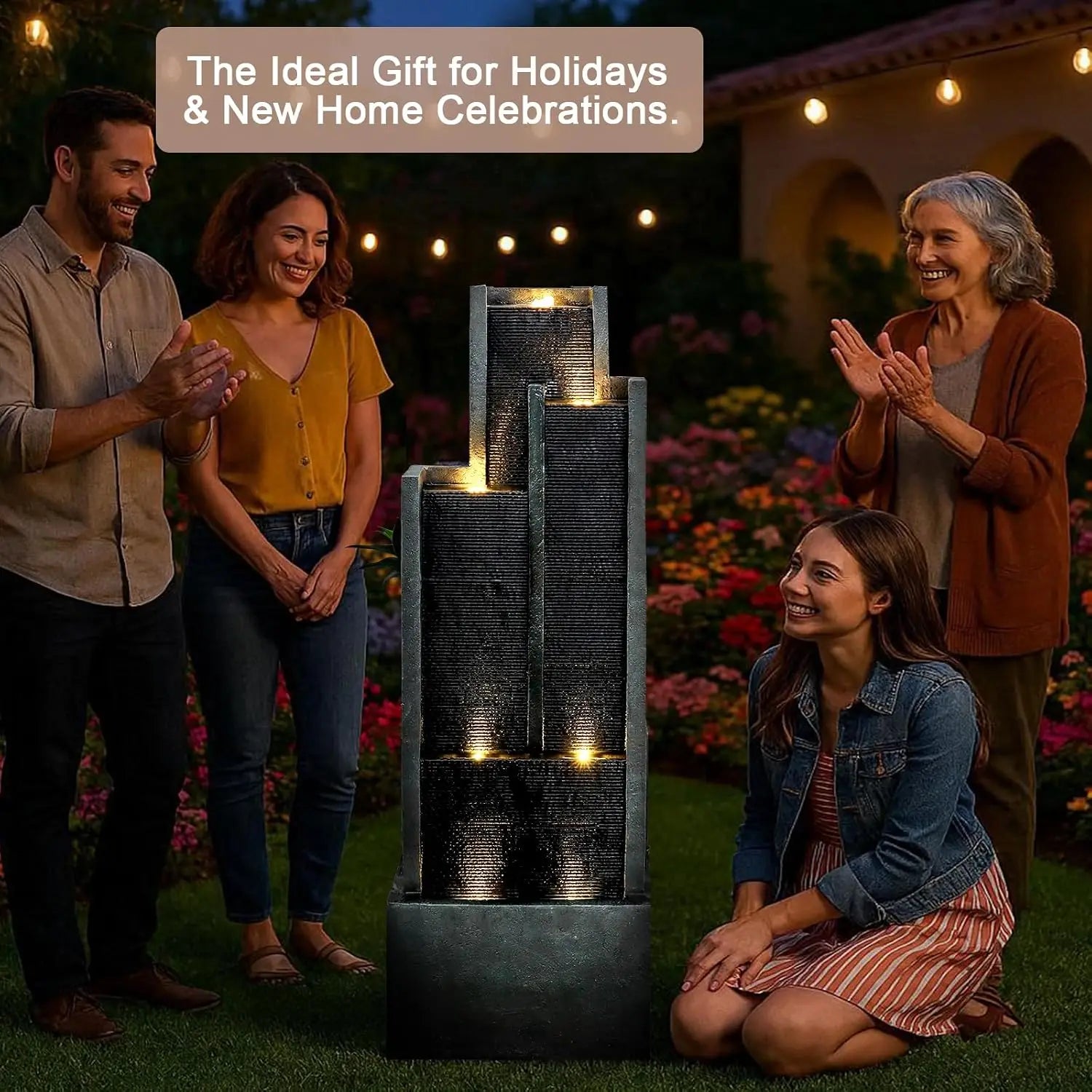 Water Fountain-50.7" Outdoor Water Fountain with LED & Pump, Modern Resin Floor Cascading Waterfall for Garden Patio, Customized