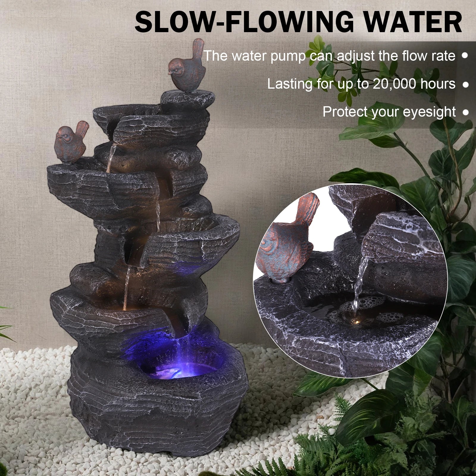 Water Fountain-Cascading Rock Water Fountain with LED Lights, Tabletop Water Fountain, Relax Meditation Decor